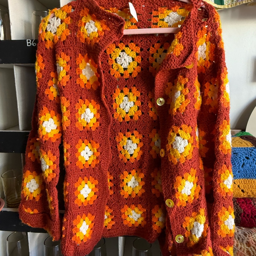 Vibrant Orange and Yellow Crochet Cardigan Sweater
